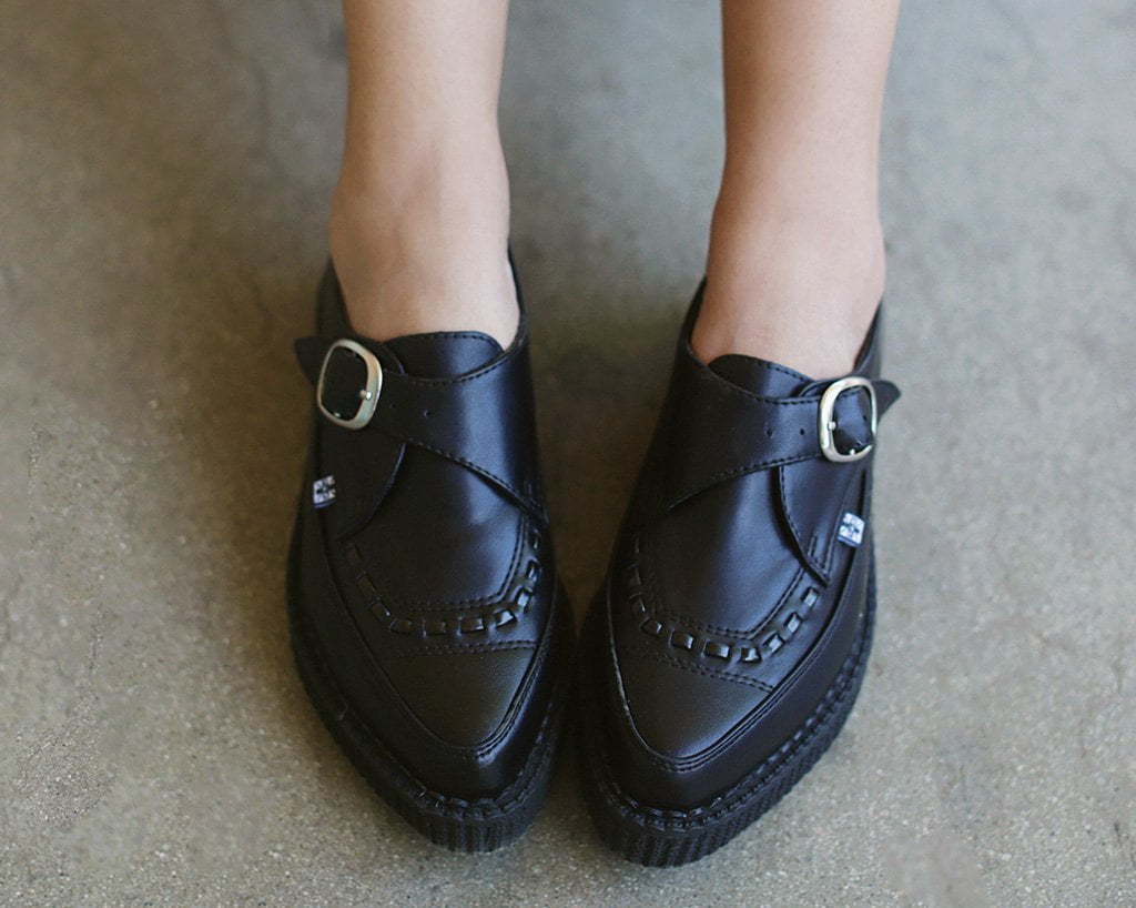 Black Vegan TUKskin™ Pointed Toe Monk Buckle Creepers