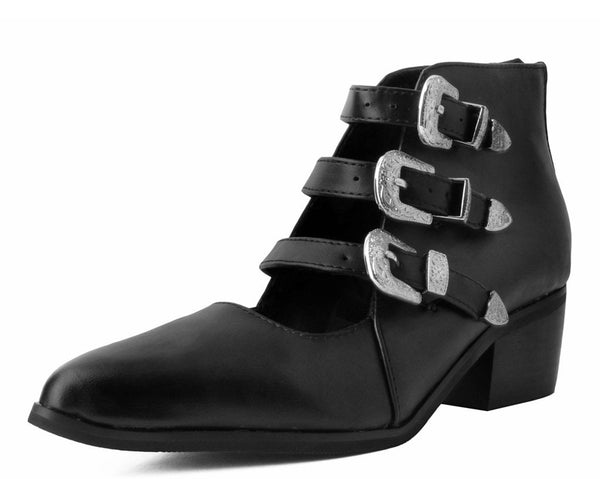 Black Faux Leather Western 3-Buckle Pointed Block Heels