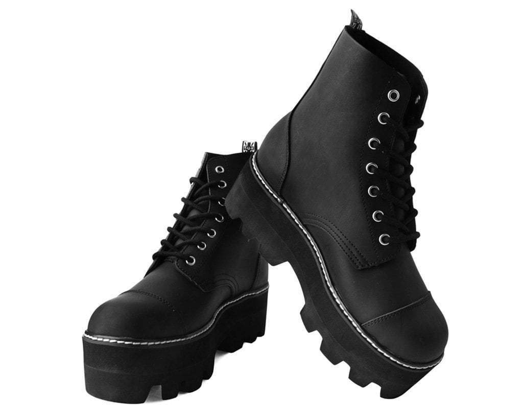 Black Faux Leather 7-Eyelet Dino Lug Sole Boots