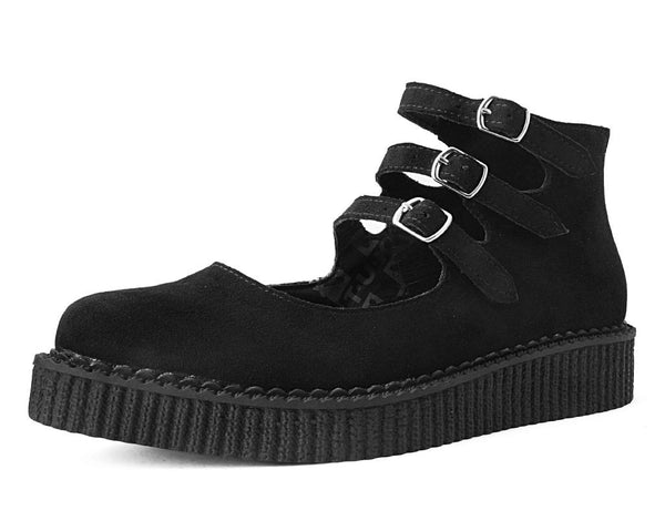 A9674L Black Faux Suede Multi-Strap Pointed Mary Jane Creeper Black